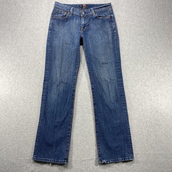 Seven7 Jeans Womens 28x29 Blue Denim Straight Faded Distressed Marbled Stretch - Picture 1 of 16